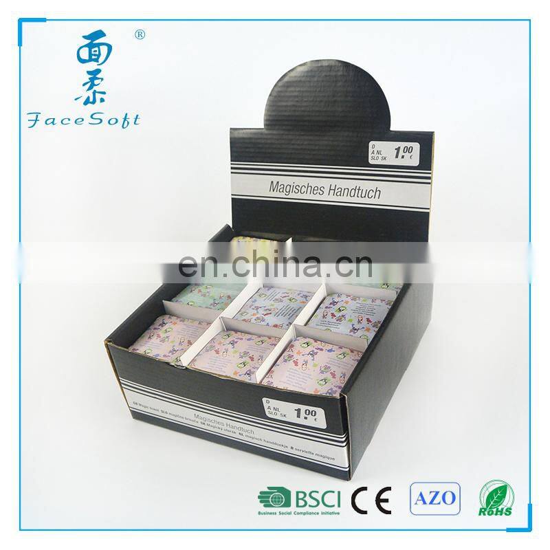 AZO dyes eco-friendly terry fabric super magic compressed facecloth mini towel in display box packs