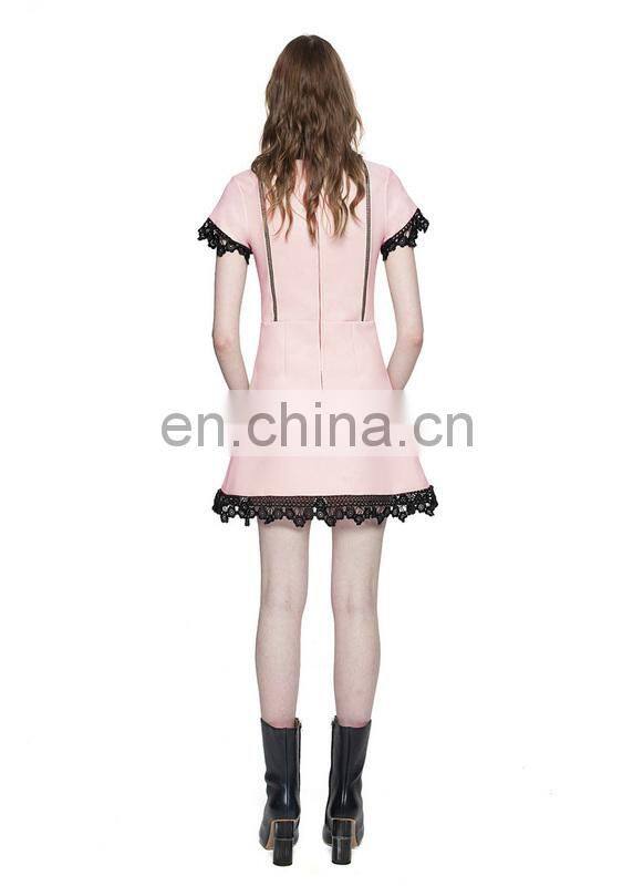 Short Pink elegant dress with black lace for young lady dresses