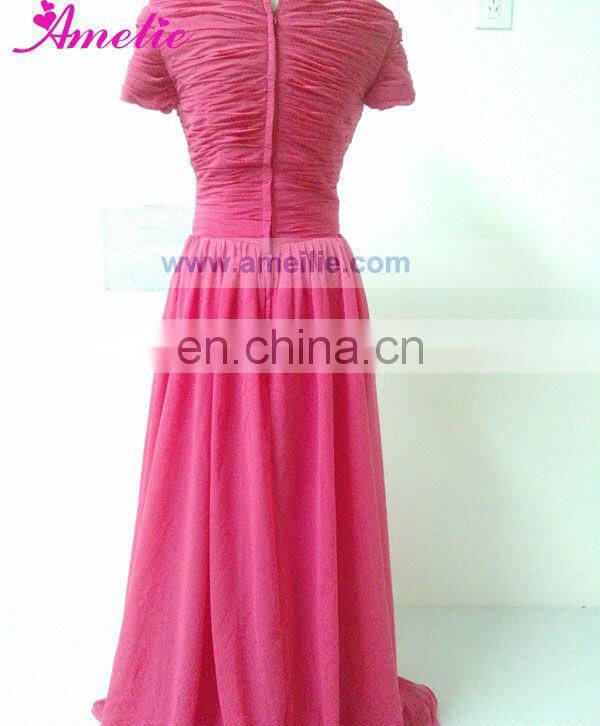 AC7R01 V neckline short sleeve peach chiffon long evening dress