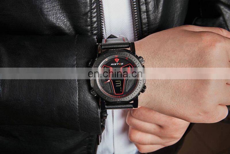 RISTOS 9341 Super Cool LCD Display Watch Leather Multifunction Backlight Men's Chronograph Watch