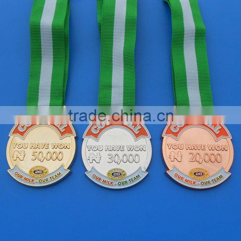 Custom Metal Plated Gold & Silver Tone Zinc Alloy Sport Ribbon Medallion for Souvenir