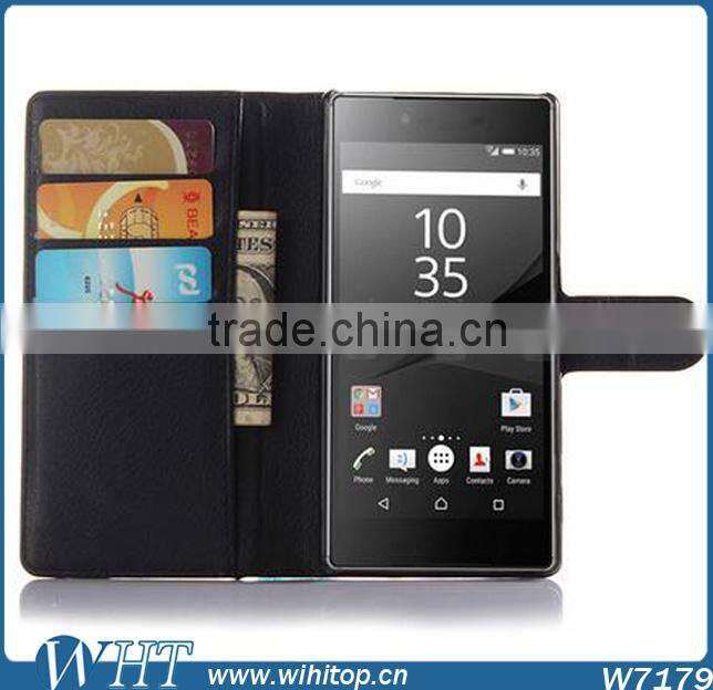 New Arrival Litchi Leather Wallet Flip Stand Pouch Cover Case for Sony Xperia Z5
