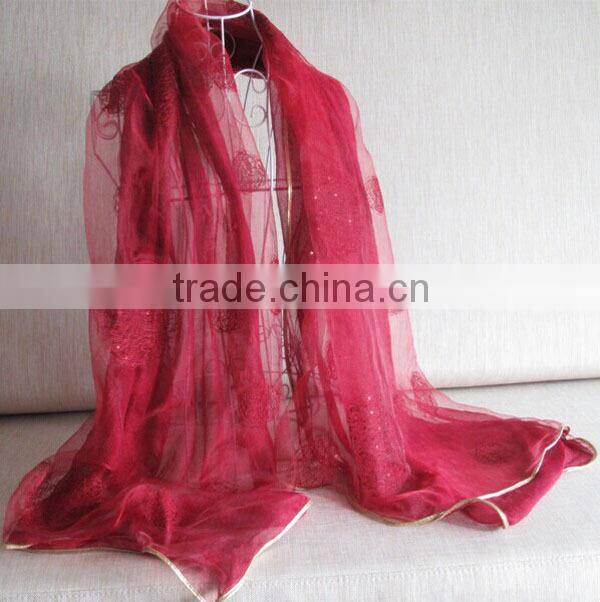Fashion double-layer nest embroidery & sequins organza silk scarf