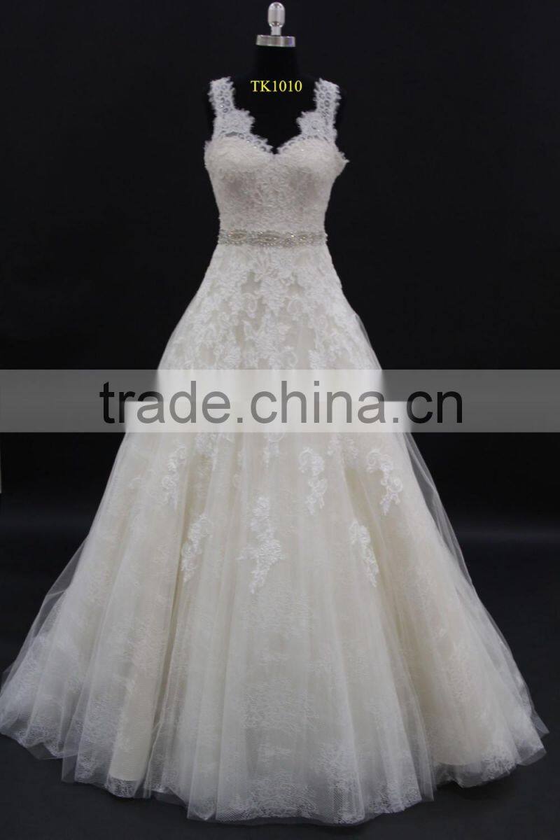 Two straps cross back L.gold/IV colored A-line 2016 wedding dress with long train