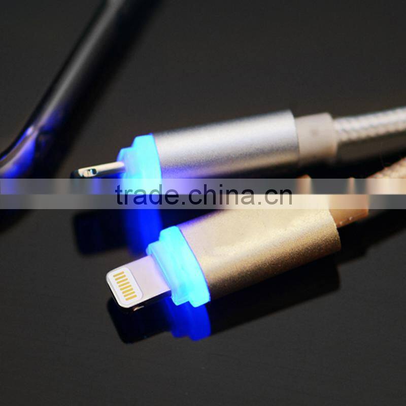 Hot sale product silver and gold color rope USB data cable with led lighting