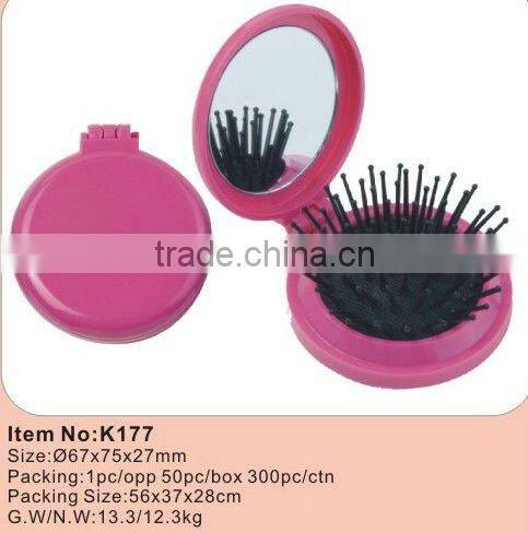 Popular round plastic foldable comb with mirror