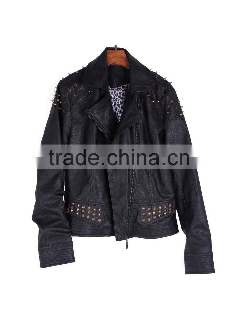 2015 iEurope and the trend of rivet double zipper short paragraph PU leather female coat