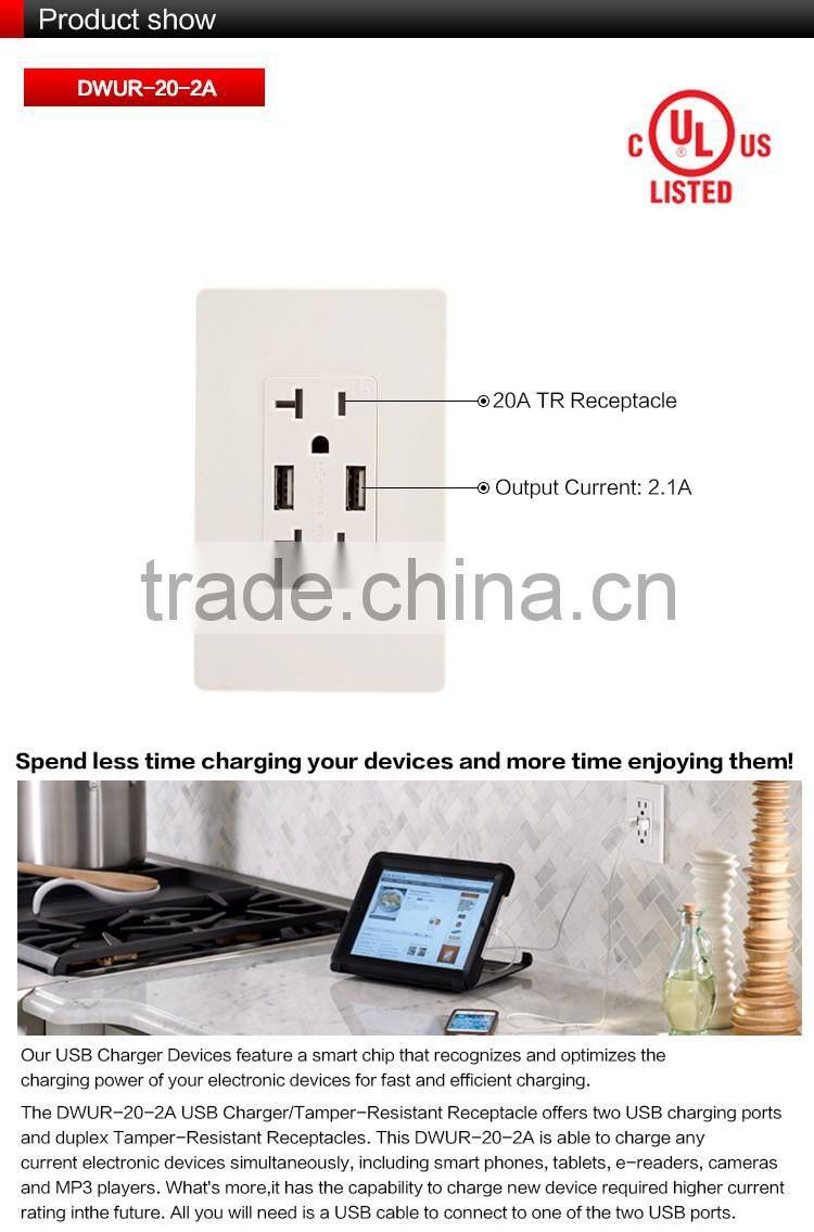 UL CUL listed 120V 20A 60HZ usb plug wall socket with USB charger