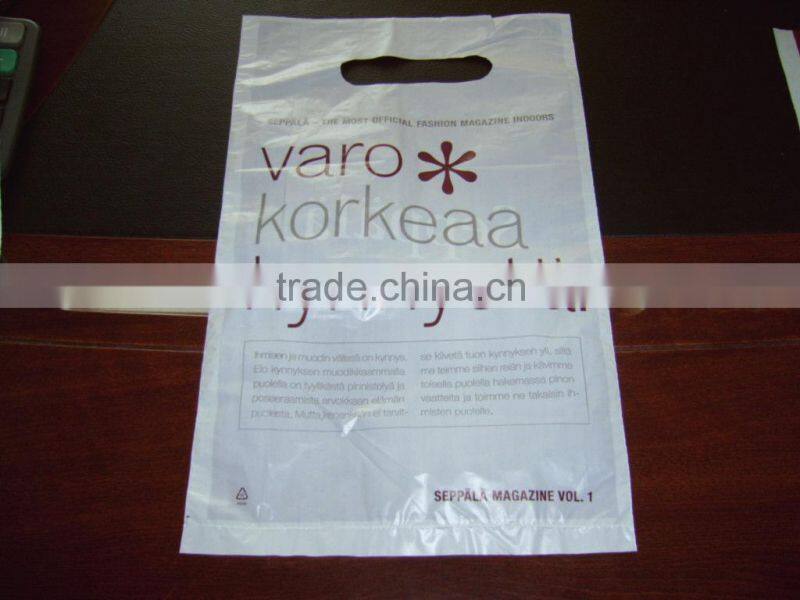 Reinforced plastic patch handle polybag, plastic die cut bag