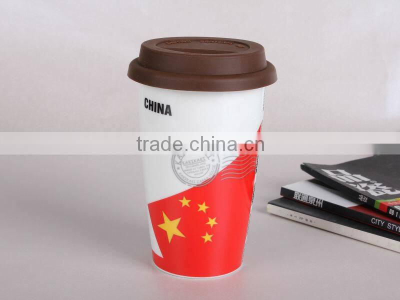 Flag ceramic coffee cup with food grade silicone lid high quality but low price wholesale