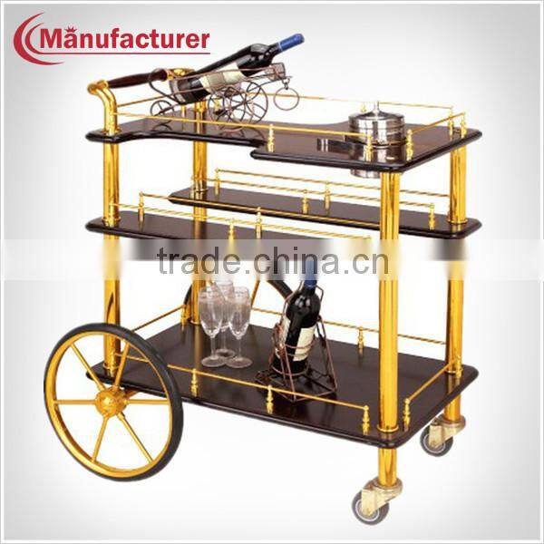 3 Layer Hotel Wood Food Service Handle Cart with Wheels/Coffee & Beverage Trolley