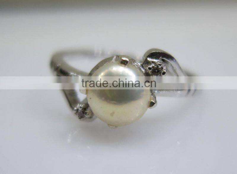 Sterling Silver Ring With Pearl & Diamond 2pc Natural Nontreated