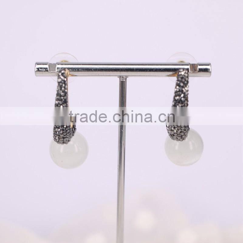 White Round Cat's Eye Earring, Metal Copper Gold Cuff Earrings, pave rhinestone stud Earring