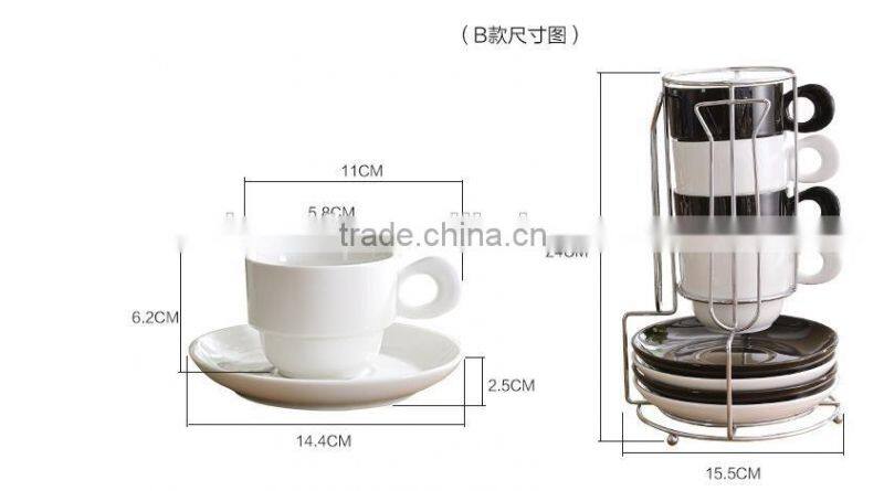 4-Piece Stackable Espresso Coffee/Tea Cup Set white and black Fine Porcelain with Metal Stand two type in stock