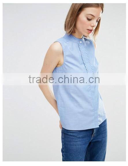 100% Cotton Ruffle Details Neck Sleevelss 2016 Summer designer blouses pictures Wholesale