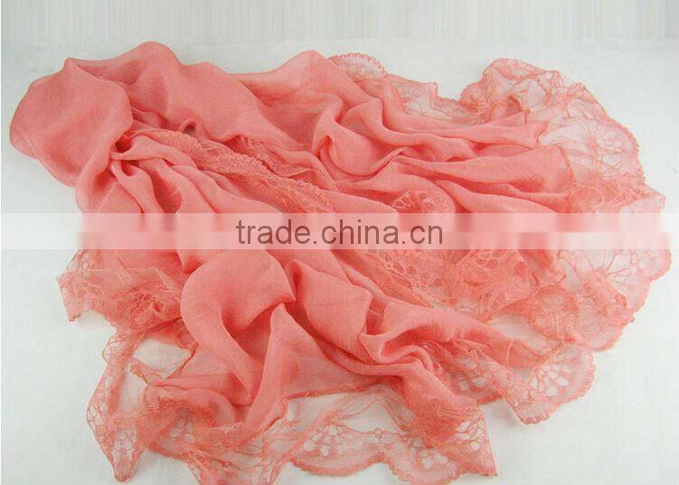 2014 Newest Style Solid Color Silk Chiffon Scarves Lady Girls Lace Edging Scarf Shawl Black Wholesale