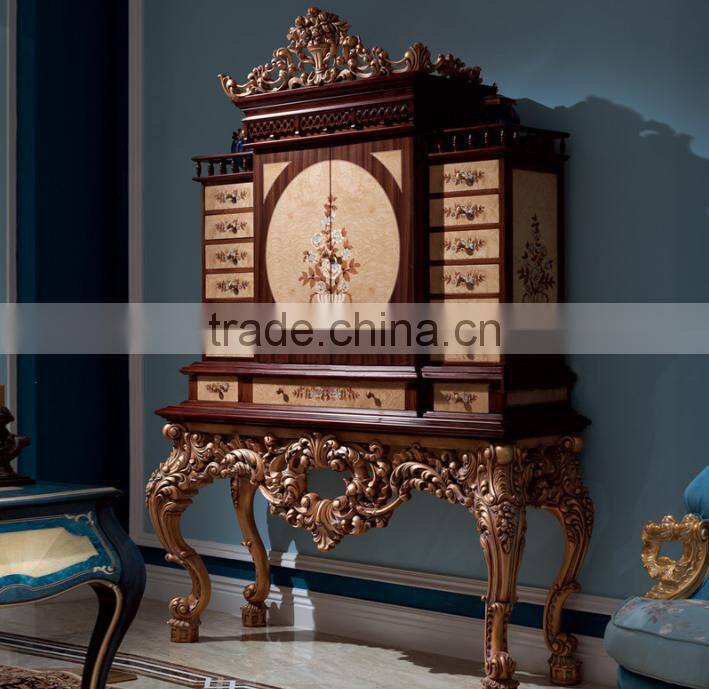 Luxury solid wood flower carving antique living room cabinet