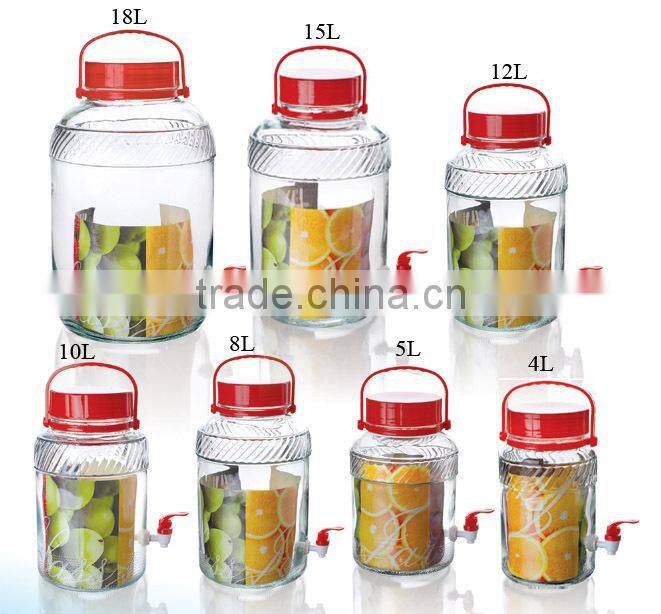 big capacity hot sale 2-18L clear cylinder glass jar with plastic lids & plastic handle
