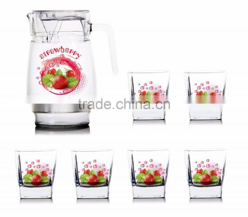 classic Glass water jug set 1400ml fruit color printing juice glass jug set drinking glass set