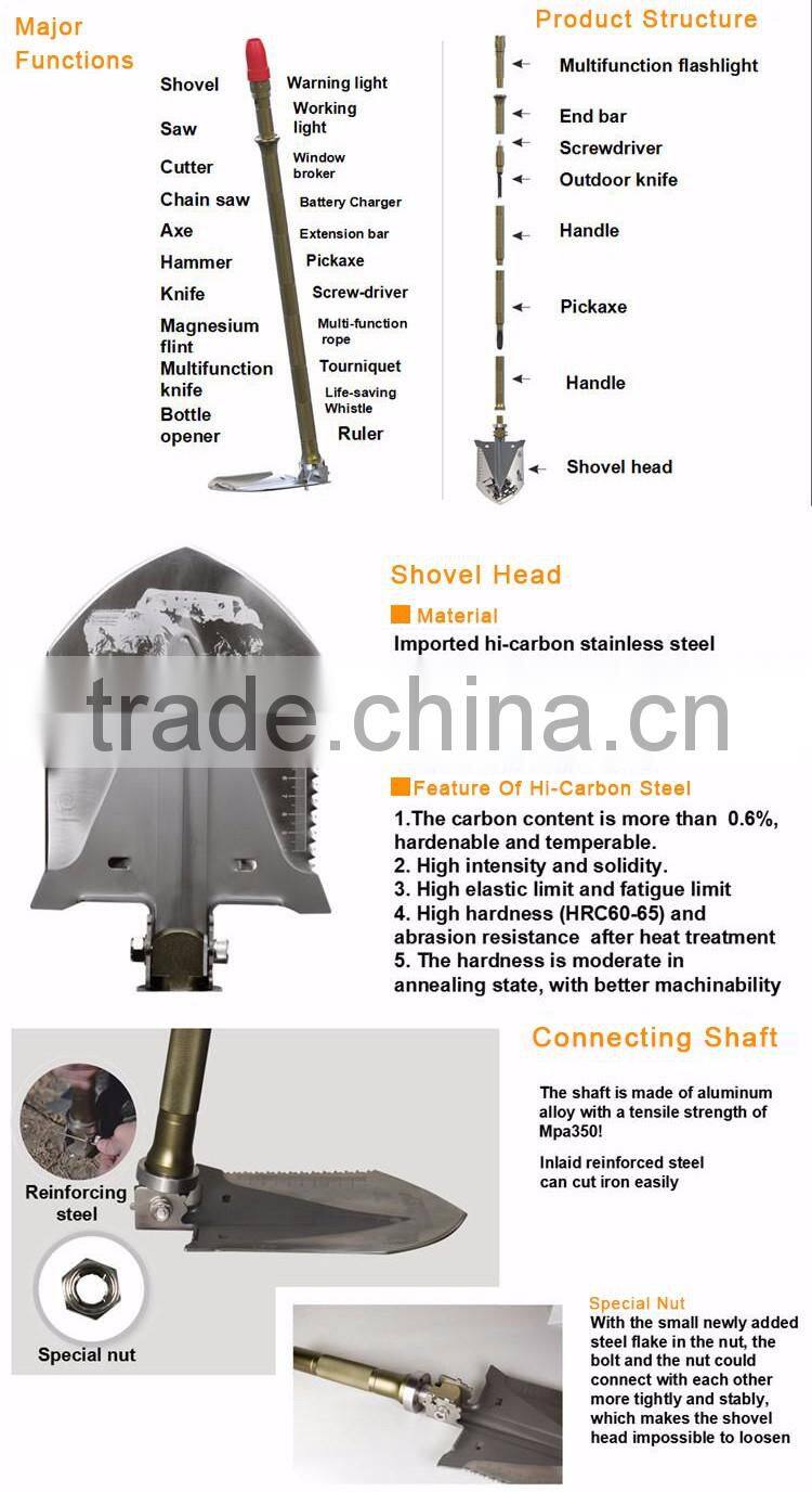 Hi-carbon Steel Stainless Outdoor Camping&Hiking Folding Survival Shovel With Firestarter&Bottleopener&Whistle