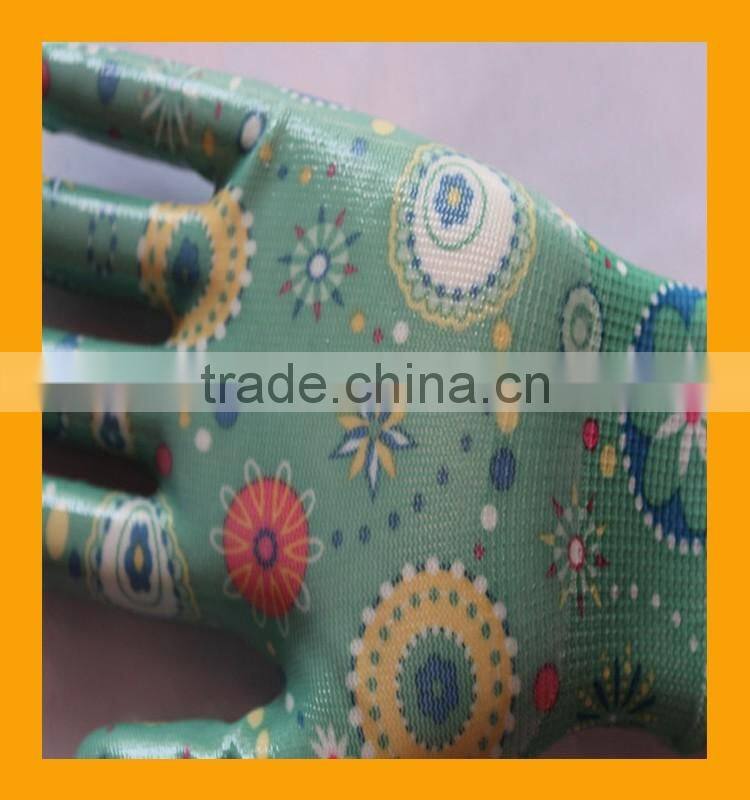 Polyester Printing Transparent Nitrile Palm Coated Garden Working Gloves