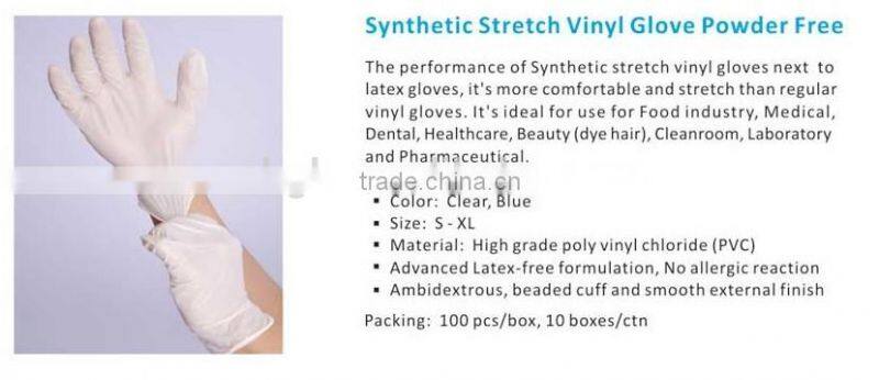 Synthetic stretch vinyl glove lightly-powdered