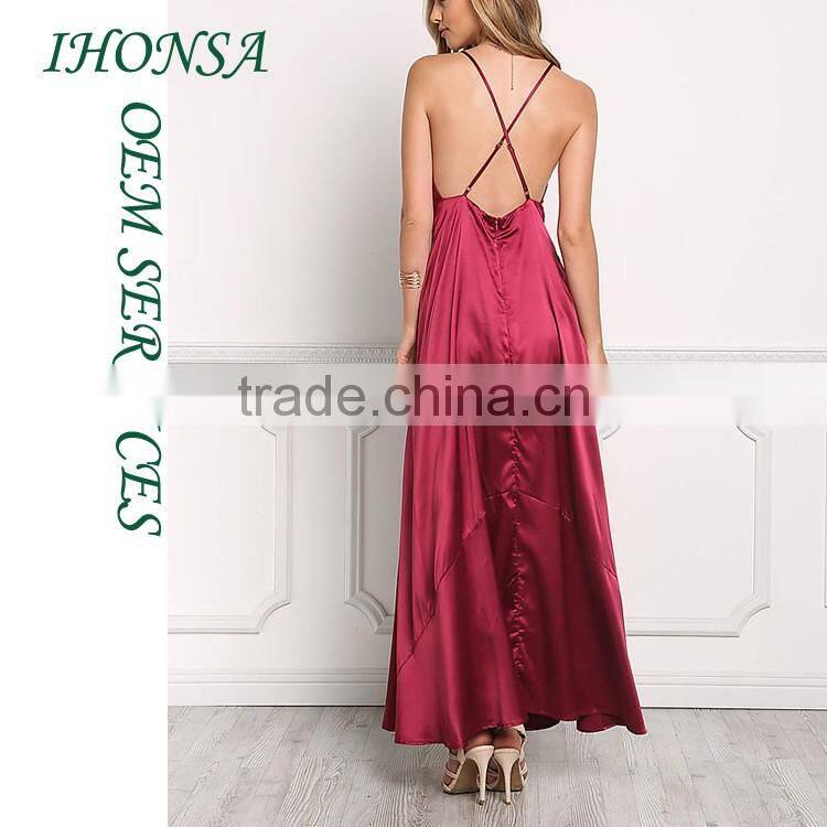 Ladies Fashion Names of Ladies Dresses with Pictures Wine Silky Plunge X Strap Slip Dresses HSD7833