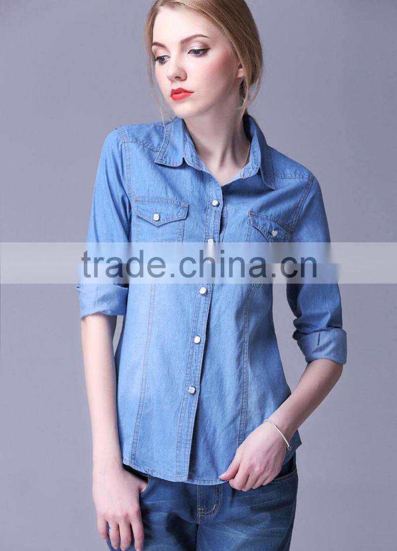 Wholesale factory price brand ladies casual jeans fabric sexy fancy denim shirt women