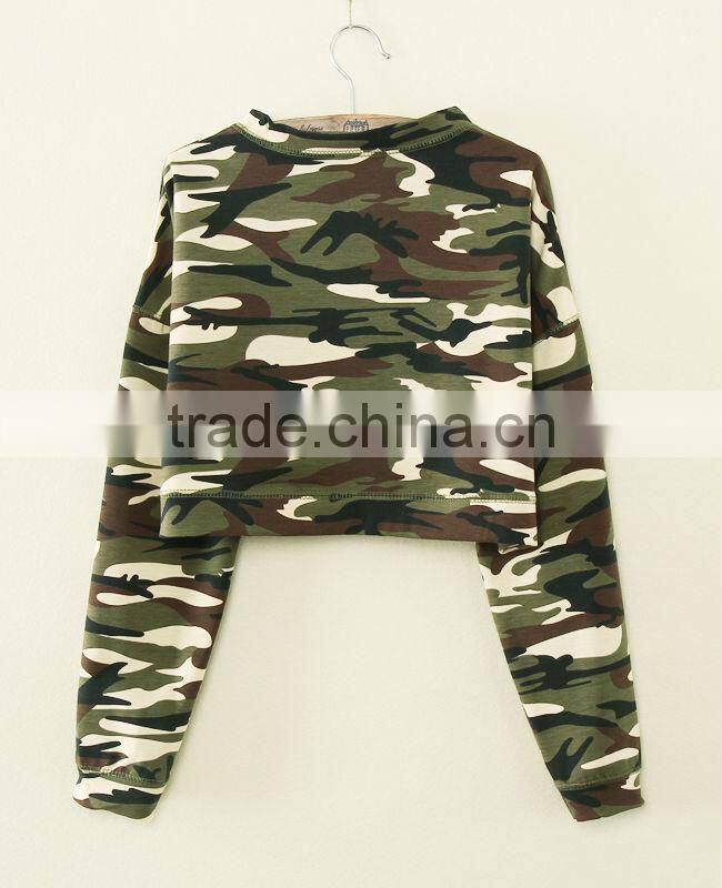 Women's custom full all over printing camo camouflage half sweatshirt crop top without hood