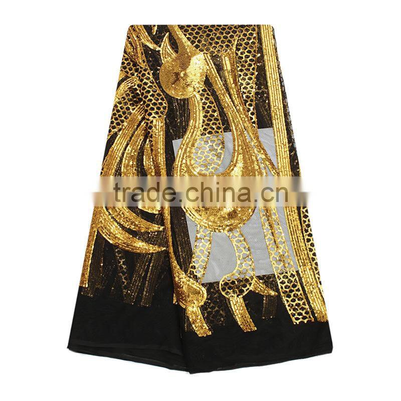 Fashionable French Gold Sequins Tulle Lace 3D Textile Lace Fabric