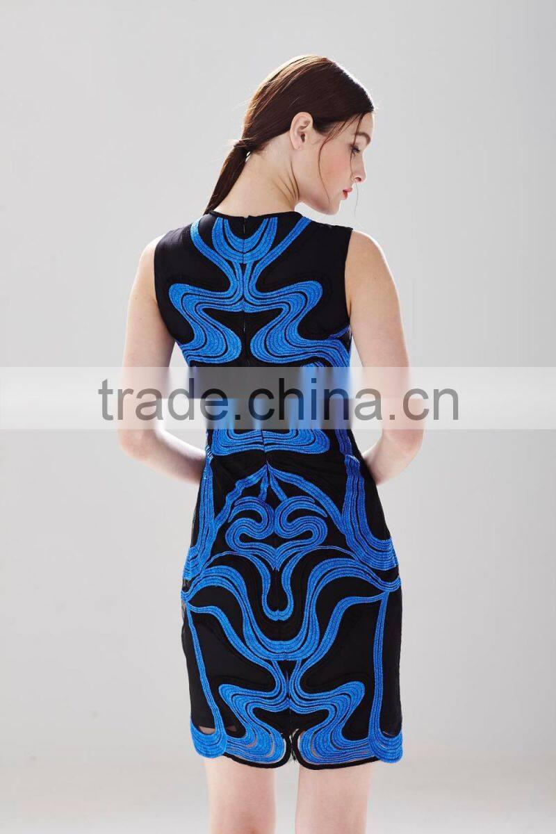 Sleeveless blue wave pattern slim cotton dress latest dress designs for ladies SR-D9785