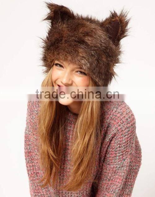 2015 New Fashion Faux Fur Cap Female Cute Ears Design Thicker Warm Winter Hat Women Beanies