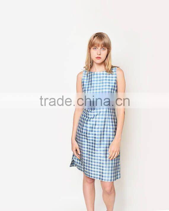 Women Summer Blue Gingham Dress Vintage Sleeveless Dress For Girls