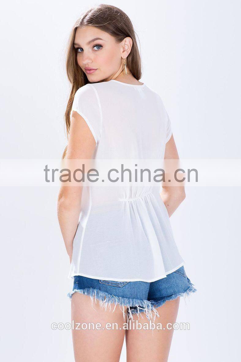 Wholesale pleated front short sleeves tee shirt cheap zipper women tee