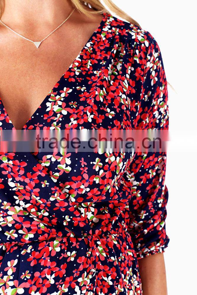 NAVY BLUE RED FLORAL PRINTED CHIFFON MATERNITY/NURSING TUNIC