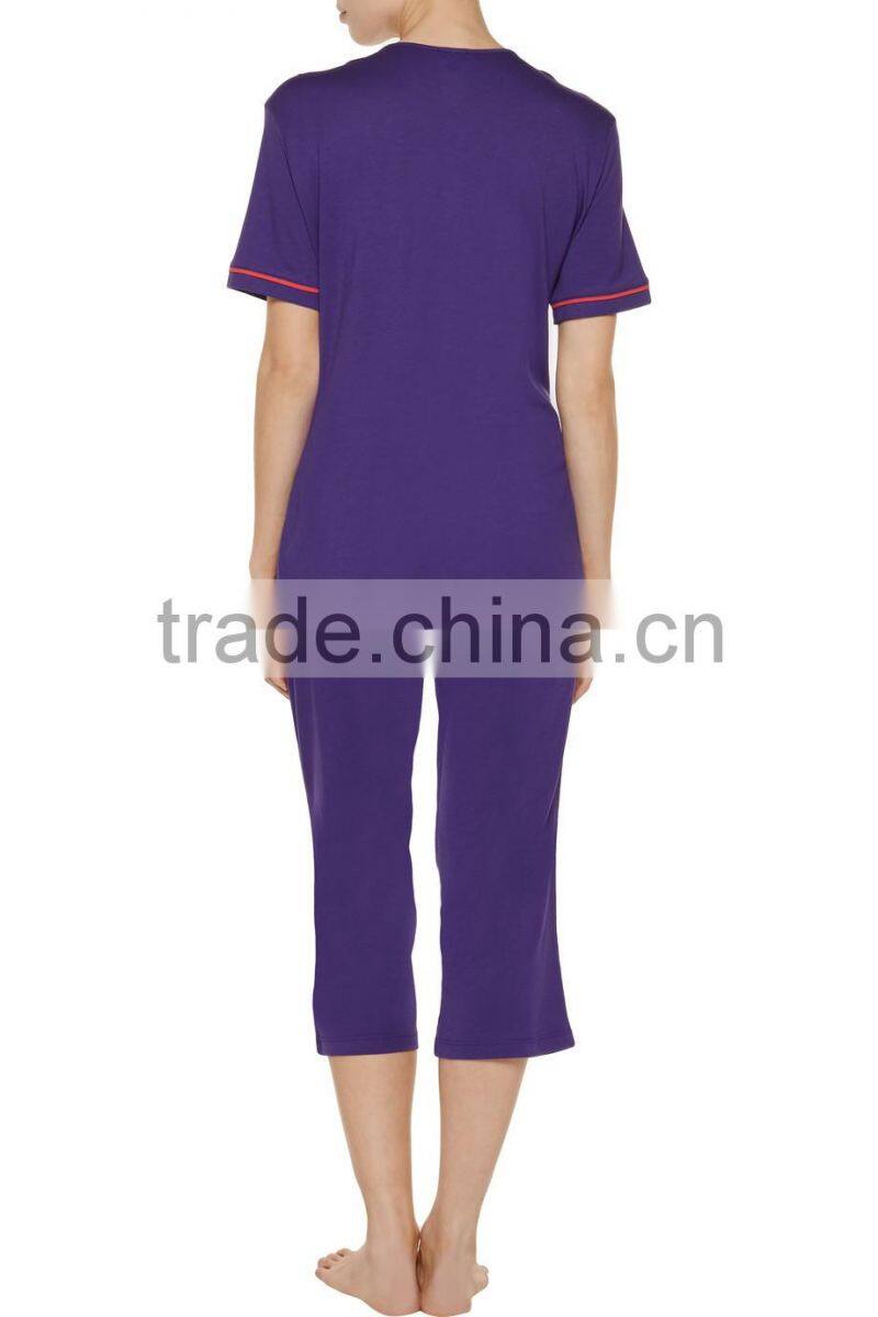 2017 Summer Collection Cotton and Modal Blend Women Pajamas Sleepwear Set with Coral Piped Trims