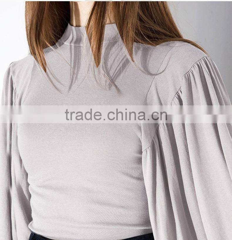 Women's OL slim fit high collar lantern sleeve long sleeve gray t shirt