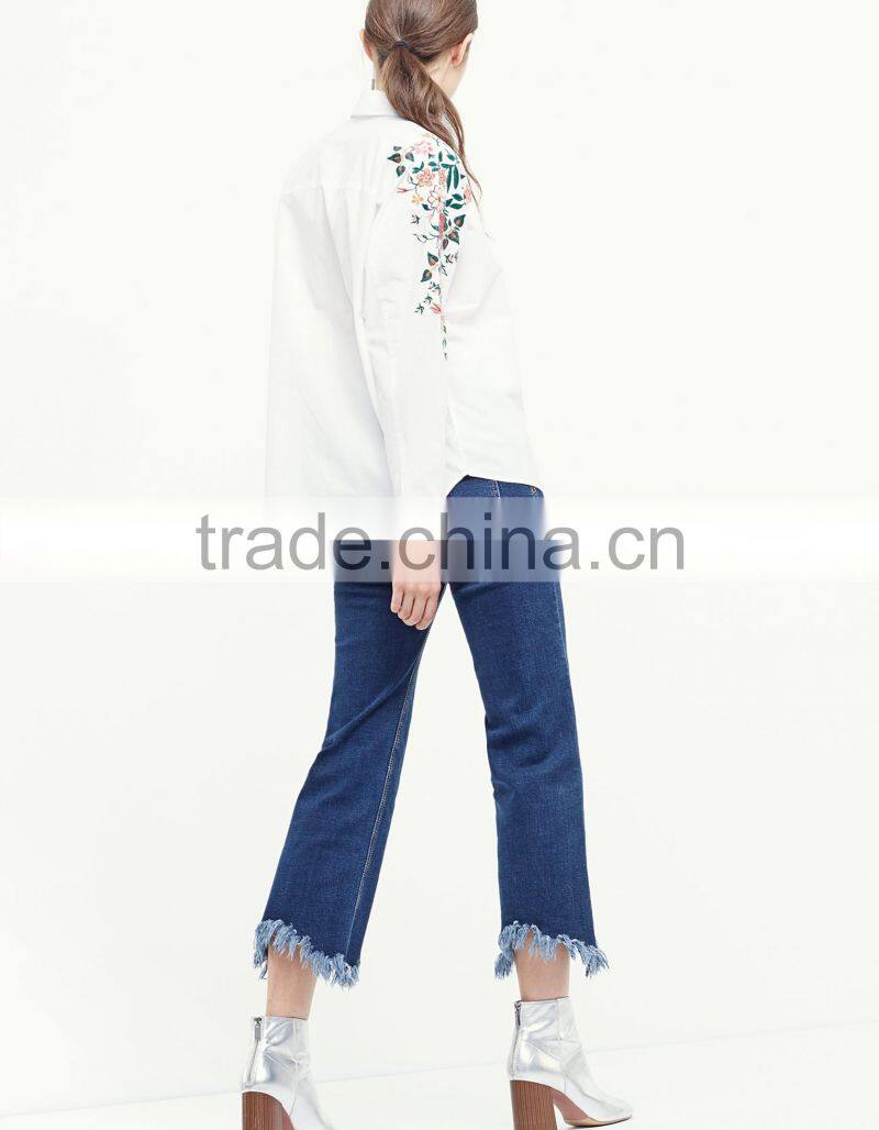 2017 spring and summer national style embroidered long sleeve blouse lapel embroidery white cotton shirt