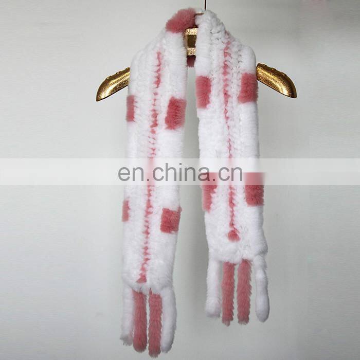 Fashion 2016 Genuine Rabbit Fur Knitted Women Scarf with Fur Trim Tassel