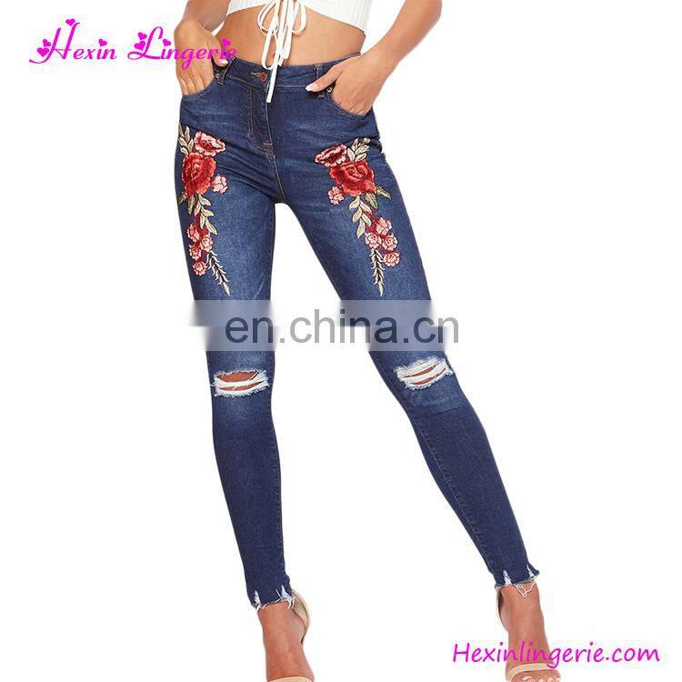 Wholesale Latest Designs Embroidery Light Blue Loose Girls Jeans Pants