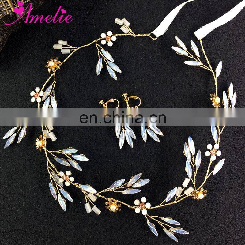 Wedding Accessories Enchanted Floral Opal Rhinestone Regal Reverse Hair Vine and Earring Set Headpiece Prom Halo Women Headpiece