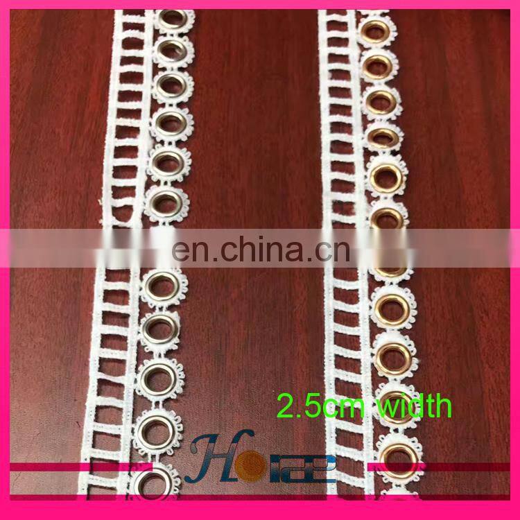 Latest design gold metal grommet eyelet black polyester lace trimming for garment and shoe