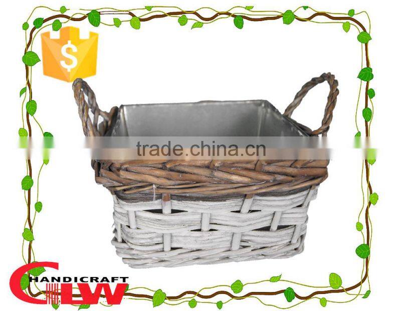wicker and woodchip garden furniture, plant pot, garden flower basket with round iron bowl inside