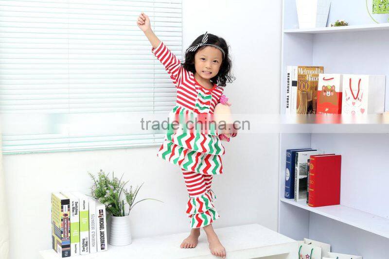 Lovely Girl Boutique Stripe Long Sleeve Baby Ruffle Top and Pant Outfits Wholesale Children Clothing Set 2016