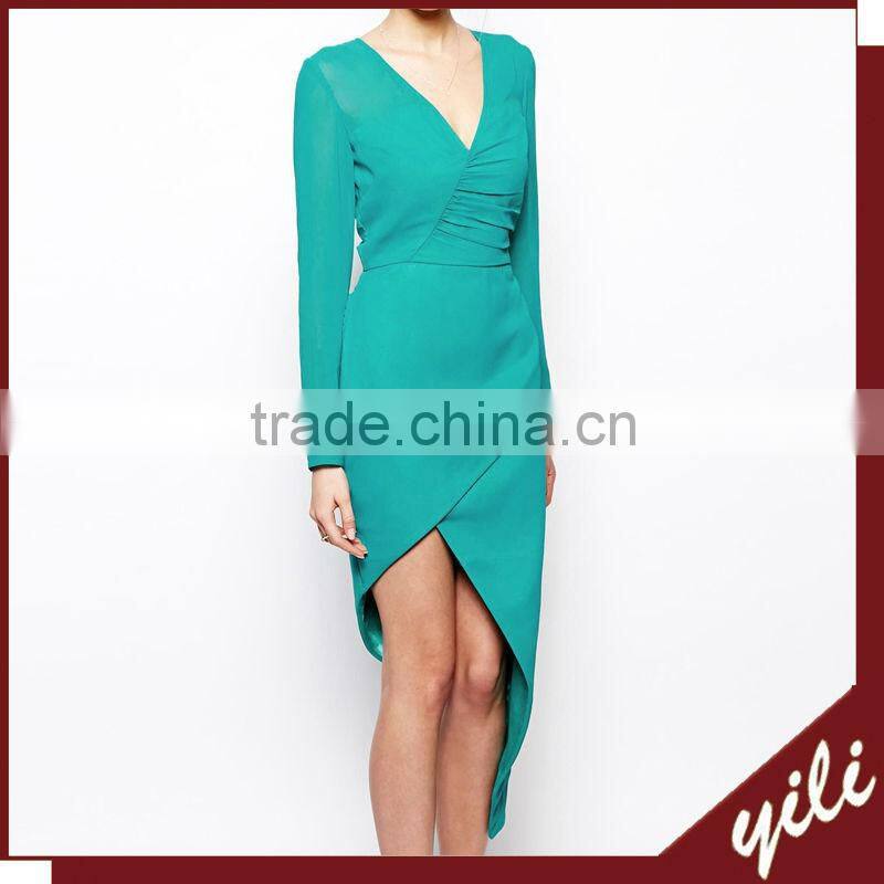 women elegant long sleeve mint green dress with wrap front