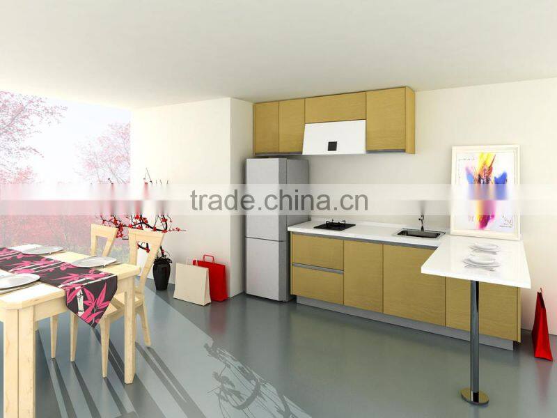 Yellow oak veneer kitchen cabinet with bar