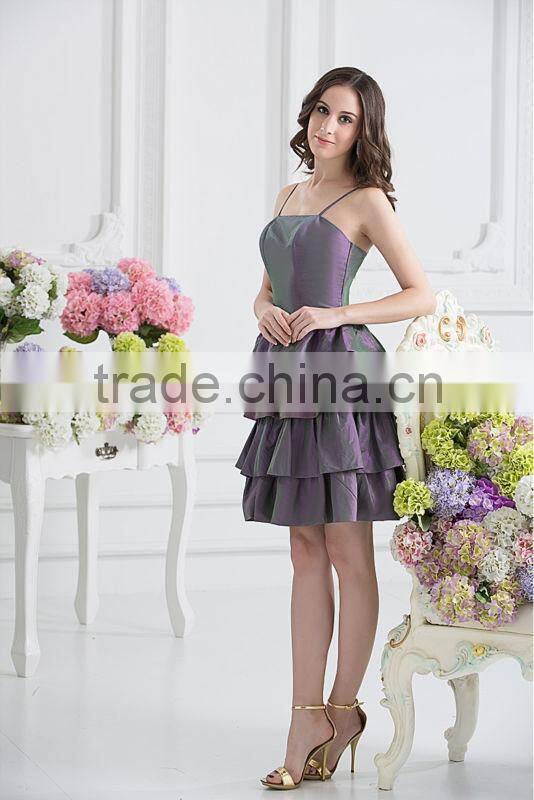 Custom Made Spaghetti Strap A-line Layered Ruffles Knee Length Taffeta Bridesmaid Dresses xyy07-062