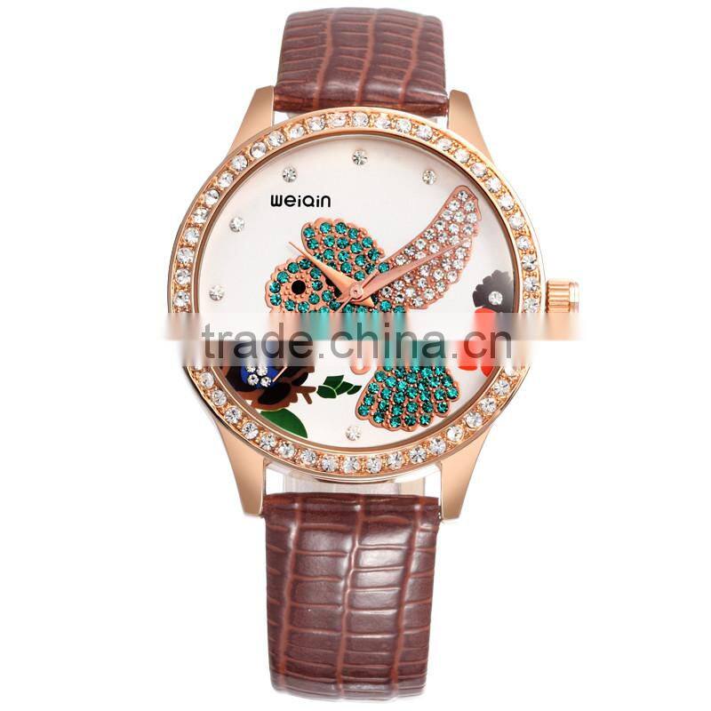 2016 luxury style genuine leather band diamond clock woman