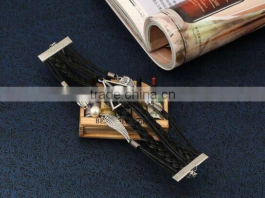 New Fashion owl deathly hallows angel wing leather bracelet DIY