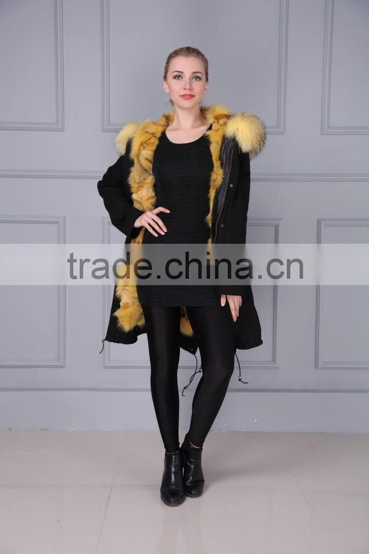 Brand fashion womens genuine fox fur lining parka with raccoon fur hood